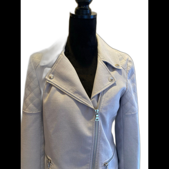 Ann Taylor Motorcycle Jacket Size Small Fitted Gray Moto Coat Quilted Shoulder - Picture 2 of 12